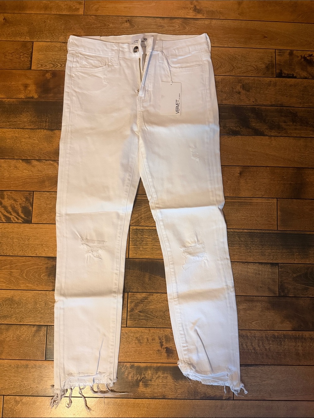 White Distressed Skinny Jeans with Frayed Hem - Vervet